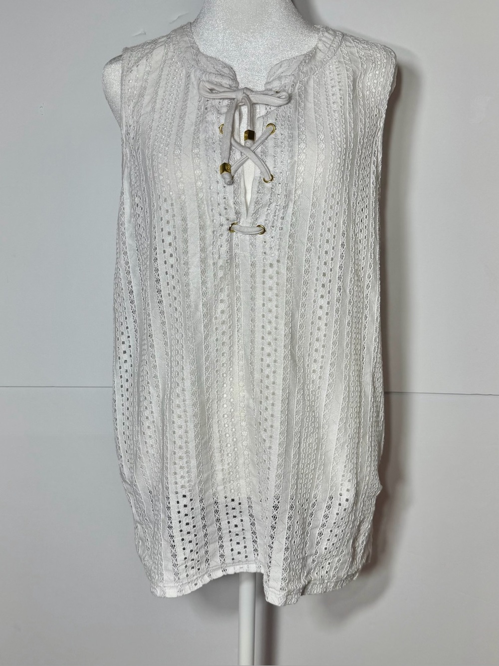 Michael Kors White Lace-Up Eyelet Sheer Blouse Top with Gold Grommets